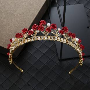Bridal Crown Korean New Red Rose Crown Queen Wedding Dress Hair Tiara Girls Birthday Headband