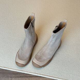 Sporty style thick-soled French-style new round-toe slim-fit boots, versatile side-zipper short boots for women in apricot suede