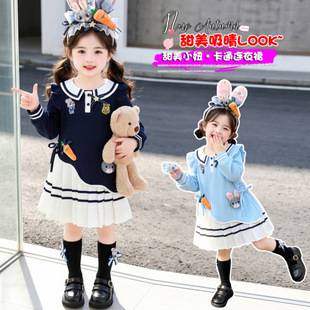 Girls' Long-Sleeve Dress Autumn Polo Dress Baby Navy Collar Judy Police Officer Rabbit Cartoon Pleated Dress