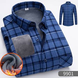 Warm Shirt Men's Long-sleeved Autumn and Winter Business Casual Plaid Shirt Middle-aged Dad Fleece-lined Thickened Inner Shirt