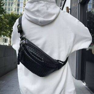 Crossbody Bag New Texture Trendy Casual Men's Waist Bag European and American Style Woven Crossbody Chest Bag Black Pu Chest Bag