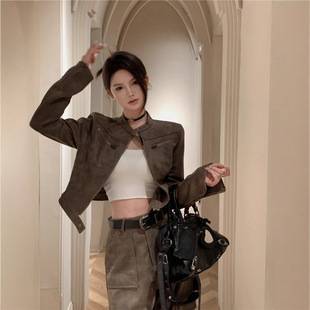 American Retro Autumn Short Motorcycle Jacket for Women, Spring and Autumn 2026 New Style, Suede Coffee Color, Cool and Stylish Jacket