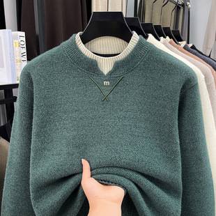 Men's faux snow sculpture sweater, 2026 autumn new style, two-piece design with contrasting trim, Henley collar, long-sleeved knit base layer