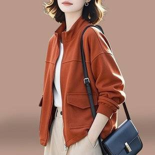 High-Quality Cotton Fashion Casual Stand-Collar Zip-Up Sweatshirt Jacket for Women, Spring and Autumn, Solid Color, Simple and Versatile, Hoodless Jacket
