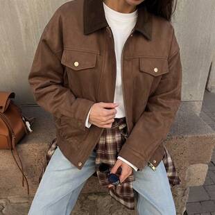 European and American cross-border foreign trade jacket, trendy and fashionable, loose-fitting women's coat with a turn-down collar, new autumn zip-up jacket for women