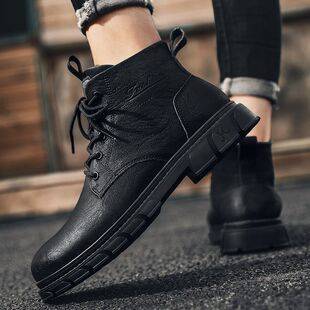 Men's Martin boots 2024 mid-top new trendy men's shoes British style work boots men's high-top leather shoes winter