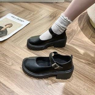 Small Leather Shoes for Women 2022 Spring New British Preppy Style Bright Leather High-Heeled Flats Round Toe Thick-Soled Mary Jane Shoes for Women