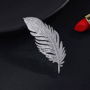 silver Korean Style Zircon Feather Brooch Women's Suit Corsage Simple Fashion Pin Coat Accessories