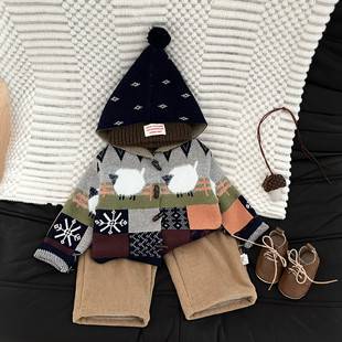 Children's Retro Sweater Autumn and Winter Baby Clothes Fashionable Contrasting Color Elf Hat Knitted Cardigan Thickeneded Korean Style Jacket