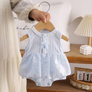 Milk-Colored Baby Romper, Summer Lightweight and Breathable Newborn Baby Clothes, Sweet Style Blue Dress