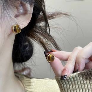 Retro Hong Kong Style Geometric Tiger Eye Stone Earrings Small and Exquisite Autumn and Winter 2025 New Hot Style High-End Earrings