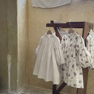 Autumn dress for baby girls with small floral patterns, Korean vintage elegant children's clothing, ruffled collar princess dress, infant long dress