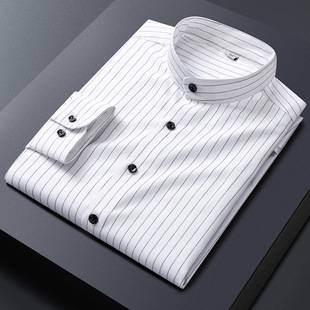Gold Shield Striped Stand Collar Shirt for Men, Long Sleeve, Spring and Autumn, Zhongshan Style, Round Neck, Pocket, Casual, Versatile, Non-Iron Shirt for Men