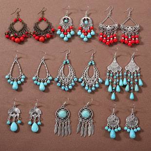 European and American Bohemian tassel turquoise earrings retro ethnic style earrings personality temperament Xizang ear jewelry