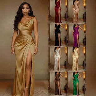 Summer New Amazon Cross-Border Foreign Trade Banquet Dress Sleeveless Hem Slit Solid Color Slim Fit Dress for Women