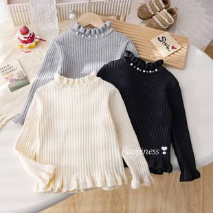 Girls' Autumn and Winter Thickened Sweater, Korean Style Ruffled Lace Pearl Solid Color Knit Top, Baby's Simple Versatile Base Shirt