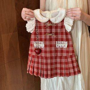 Girls' Preppy Style Dress 2026 Summer Model, Toddler Red Plaid Lace Tank Dress, Stylish Dress for Baby Girls