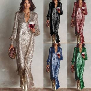 Cross-Border 2025 European and American Autumn and Winter New Long-Sleeved Slit Sequin Dress Ins Casual Loose Party Dress