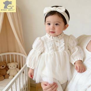 Autumn French Court-Style Baby Tulle Dress for Girls, Full Moon and Hundred-Day Celebration Princess Dress, Autumn Season Soft Texture Romper Dress