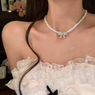 French Style Pearl Necklace for Women 2025 New Style Diamond Bow Clavicle Chain Accessible Luxury High-End Dress Accessories