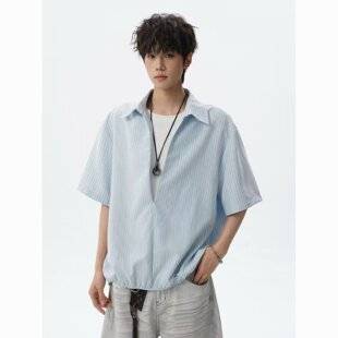 Old Money Style Urban Relaxed Half-Button Shirt for Men, Summer Japanese Trendy Brand Elastic Hem Short-Sleeve Casual Shirt