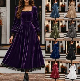 2026 European and American Women's Fashion Square-Neck Velvet Dress with Lace Trim at the Hem and Sleeves, New Autumn and Winter Evening Dress for Cross-Border Sales