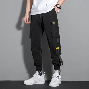 Overalls men's thin loose fashion brand ankle-tied multi-pocket casual all-match plus size cropped long pants men's summer