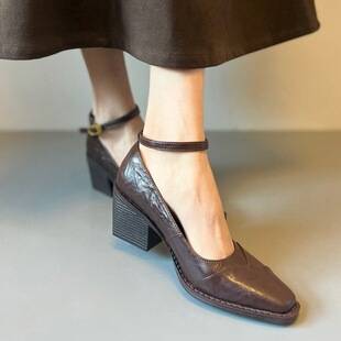 Top-layer cowhide ~ Commuting Mary Jane shoes with a single strap, silent heel, soft leather chunky heel, vintage high-heeled shoes for women