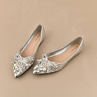 2026 Summer New Rhinestone Pointed Toe Women's Shoes with Bowknot, Soft Sole, Comfortable, Height-Increasing Flat Shoes for Women