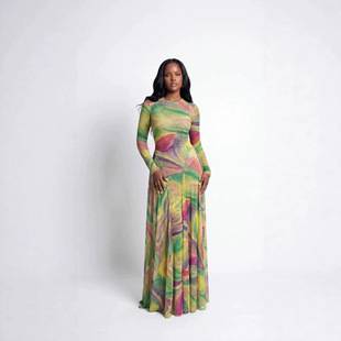 European and American Cross-Border Women's Clothing 2026 Spring New Style Elegant Round Neck Printed Slim-Fit Evening Dress Long-Sleeved Dress