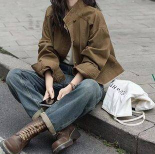 New autumn vintage coffee-colored denim short jacket for women, stand-up collar work jacket, women's top, cross-border dropshipping
