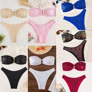 Cross-Border European and American Fashion Two-Piece Swimsuit with Sequins, Solid Color, Sexy Swimsuit Set, Strapless Tie-Up Bikini Set