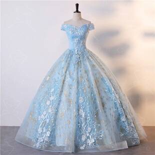 Foreign trade evening dress, coming-of-age ceremony princess dress, lace ball gown, blue shiny sequin ball dress