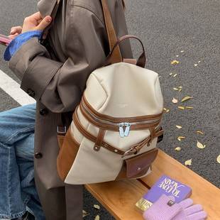 Popular Backpack Bag for Women 2025 Autumn and Winter New Style Simple Splicing Contrasting Color Student Ladies Versatile Commuter Bag