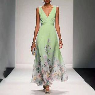 2026 European and American Women's Fashion Amazon Independent Site Elegant V-Neck Cross-Border Dress Evening Gown Sleeveless