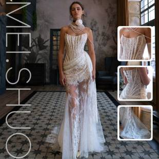 Strapless Lace Fishbone Waist-Cinching Long Gown with Sheer Mesh Patchwork, Ruched Side Straps, and Bodycon Fit