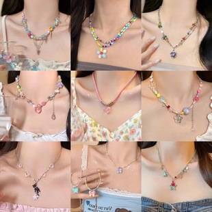 Candy Color Dopamine Necklace Women's All-Match Niche Design Beaded Clavicle Chain Sweet Cool Spice Girl Necklace Internet Red Decoration
