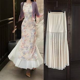 Apricot-colored mesh fishtail long skirt with a lining, skin-friendly and drapey, anti-exposure inner slip, flowing midi skirt