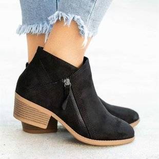 European and American Foreign Trade Large Size Short Boots with Side Zipper, Round Toe Fashion Boots for Women, Suede Chunky Heel Thin Style Martin Boots, Wish Source