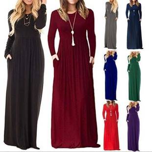 2026 Cross-Border Women's Dress Wish Aliexpress Amazon Women's Clothing Autumn and Winter Long-Sleeved Elastic Waist Dress