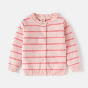 Korean Style Children's Clothing Girls Single-Layer Cotton Knitted Cardigan 25 Autum New Baby Stripesd Sweater Girls Tops
