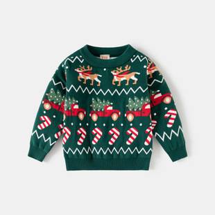 2026 Autumn and Winter New Children's Clothing Boys' Double-Layer Cotton Christmas Sweater Baby Deer Jacquard Knitted Pullover Trendy