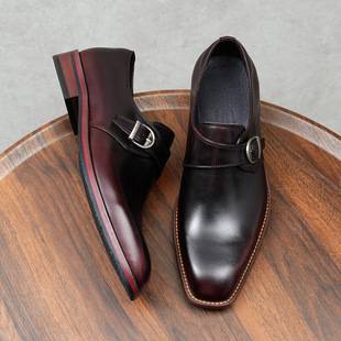 Business Formal Leather Shoes for Men, Cowhide Genuine Leather Buckle Casual Soft Surface British Retro Color Polished Toe Groom's Shoes