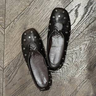Retro new style round-toe distressed rivet flat Mary Jane shoes with bow, hollow design, breathable soft sole ballet shoes for women