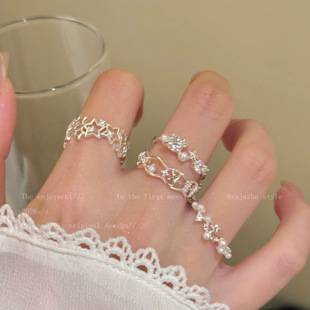 Light luxury, niche, high-end star, pearl, and cubic zirconia ring for women, exquisite and fashionable, adjustable open ring