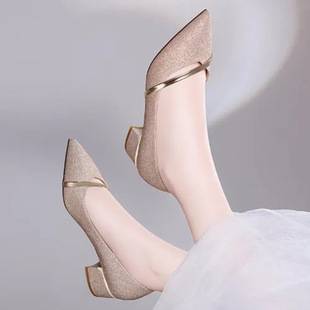 European and American Fashion Thick Heel Pointed Toe Shallow Leather Shoes Commuting Versatile Loafers 2025 Summer New Shoes in Stock