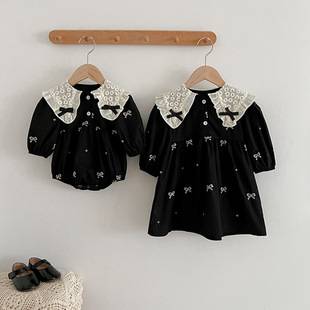 Korean Style Girl's Dress Spring and Autumn Long Sleeve Baby's Hapi Butterfly Collar Embroidered Dress for Women and Baby Sisters