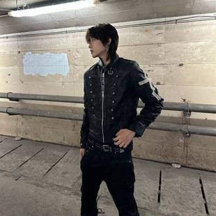 Subcultural black straight-shoulder leather jacket for men, autumn slim-fit cross visual punk short jacket
