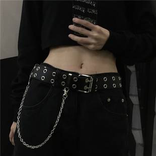 Belt Women's South Korea Ins Retro Cool Black Double-breasted Metal Chain Decoration All-match Punk Belt Men's Trendy