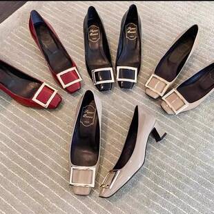 French-Style 2026 Spring Elephant Gray Patent Leather Square-Toe Square-Buckle Flat Shoes for Women, Flat-Heeled Shallow Mouth Elegant Women's Shoes, Simple Design